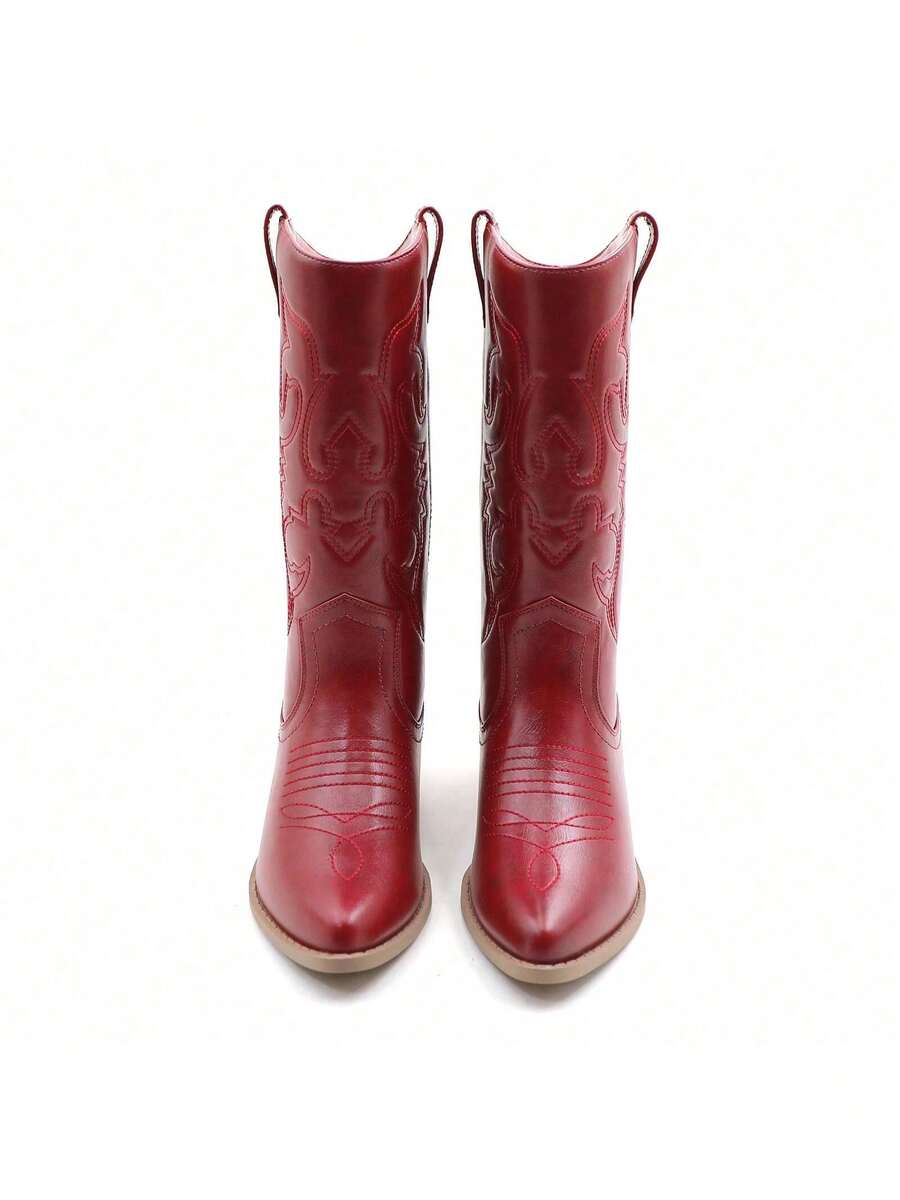 Lurnyet Cowboy Boots For Women Cowgirl Western Boots Fashion Embroidery Stitched Chunky Heel Mid Calf Boots WACOW-2 - 紅色 - 查看 1