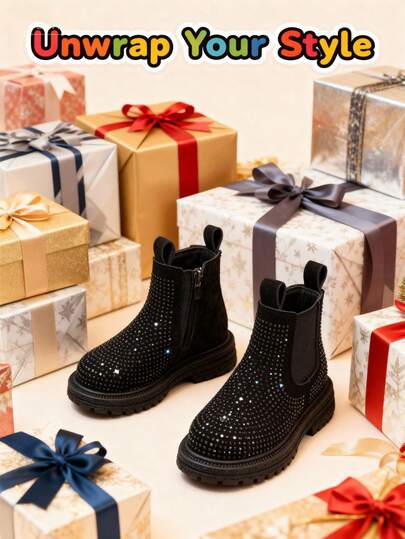 1 paire de bottes pour enfants décorées de strass à la mode, bottes mi-mollet pour filles avec fermeture éclair latérale, doublure thermique chaude et douce, convient pour le port quotidien, les vacances, les fêtes et les voyages