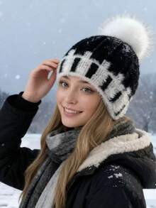 冬季时尚撞色针织帽，女士骑行耳罩帽，防风保暖加厚针织帽 - 彩色 - 查看 4