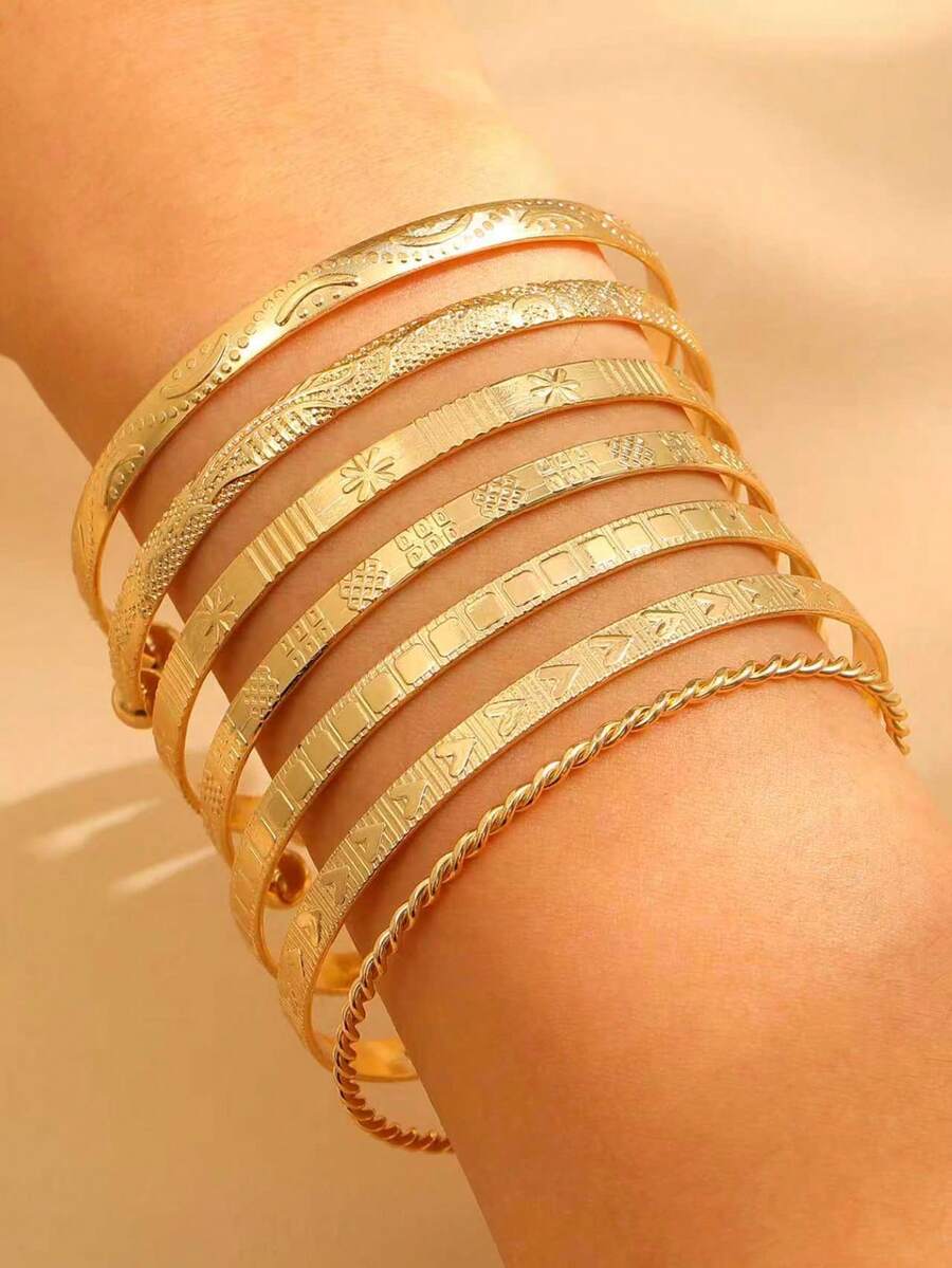 7 件/套时尚百搭波西米亚风西方复古简约金属手镯适合男女日常佩戴欧美风格，包括锤子、箭头、花卉、夸张六角形、扭曲开口手镯珠宝礼物 - 金黃色 - 查看 1