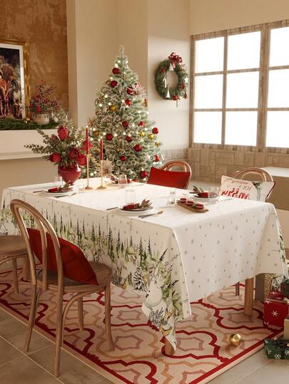 1件装节日圣诞桌布，森林动物图案桌布，节日餐桌装饰，适合圣诞节家庭聚会，长方形设计，适用于家居和餐厅装饰，厨房餐桌中心装饰品，装饰性餐桌配件，乡村风格装饰，精致编织，耐用面料，圣诞装饰