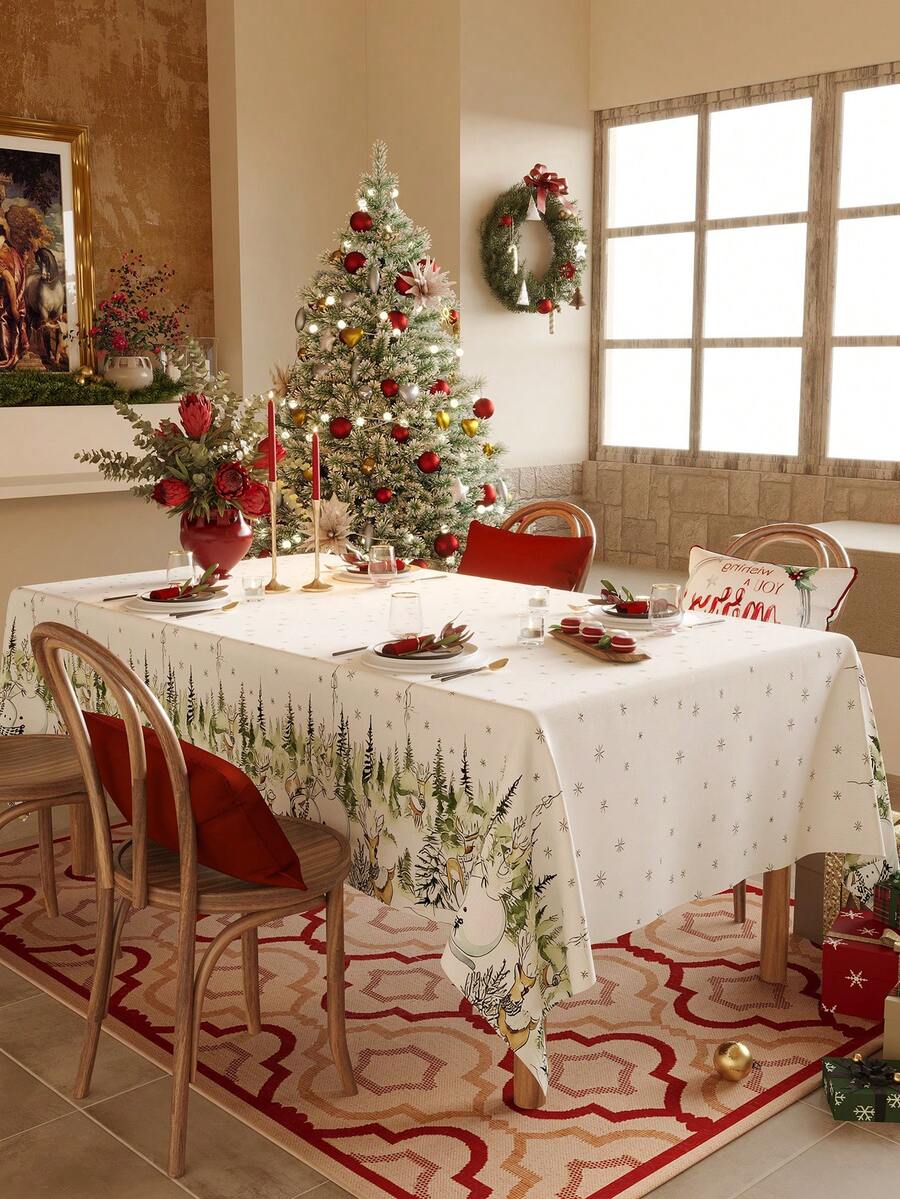 1pc Festive Christmas Tablecloth, Forest Animal Patterned Table Cover, Holiday Table Decor For Christmas Family Gathering Rectangular Design ForHome & Restaurant Decor, KitchenDining Table Centerpiece, DecorativeDining Accessory, Rustic Decor Item, Intricate Weaving, Durable Fabric,For Christmas-Decor - Festive White - View 1