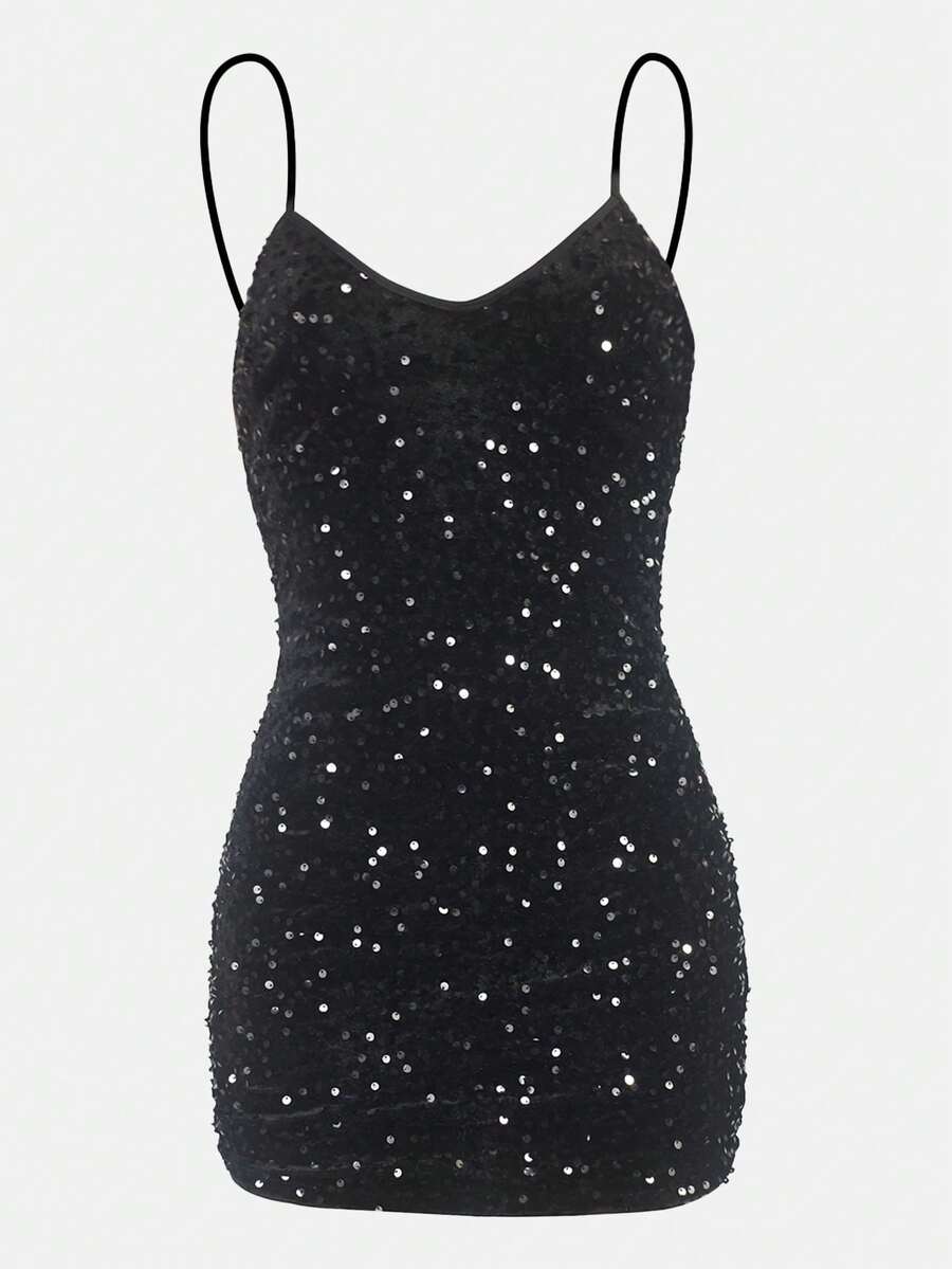 Sequin Cami Bodycon Dress - Black - View 1