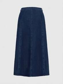 Plus Size Women Stretch Denim Skirt, Washed Dark Blue