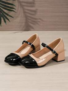 Women's Square Toe Chunky Heel Mary Jane Pumps, Stylish Two-Tone Slip-On Dress Shoes, Fashion Versatile For Party And Occasion - Apricot - View 5