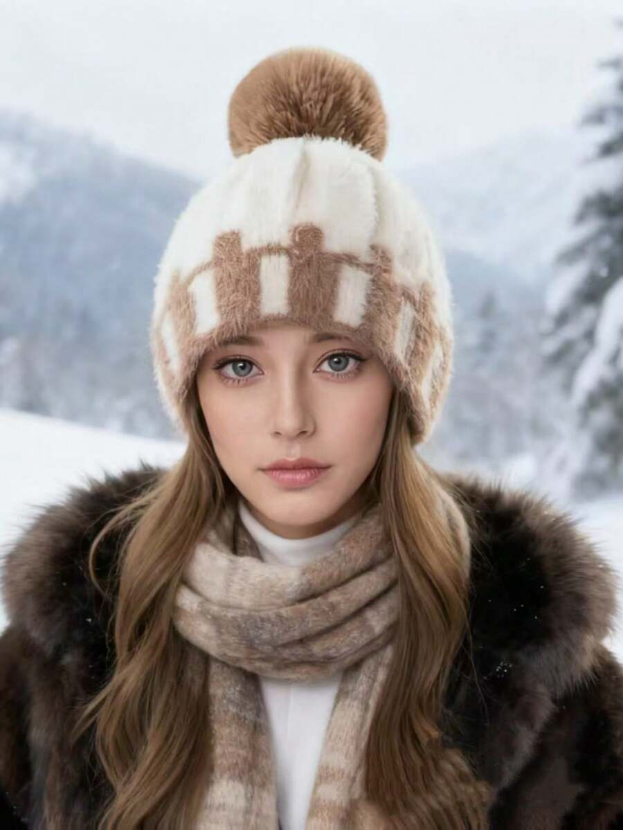 冬季时尚撞色针织帽，女士骑行耳罩帽，防风保暖加厚针织帽 - 彩色 - 查看 1