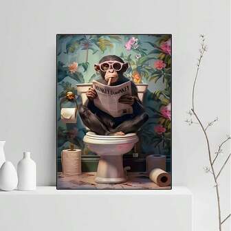1pc Funny Monkey Reading Newspaper OnToilet Canvas Print Animal Bathroom Wall Art Poster For Modern Living Room Home Decor Posters Canvas Painting Wall Arts Room Home Decoration Unframed