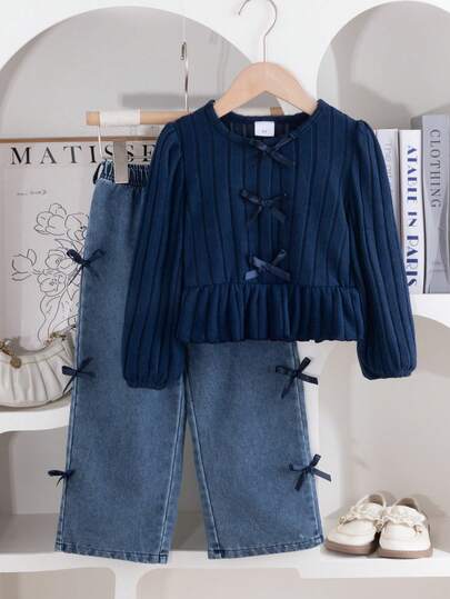 2 st/set trendig och söt långärmad topp med rosett och raka byxor för flickor, lämplig för vardag, utomhusbruk, skola och pendling