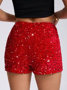Quần short siêu ngắn lấp lánh màu đỏ đính sequin dành cho nữ, thích hợp cho các buổi tiệc và liên hoan, sequin đỏ sang trọng cho Giáng sinh và Năm mới. - Đỏ - Xem 3