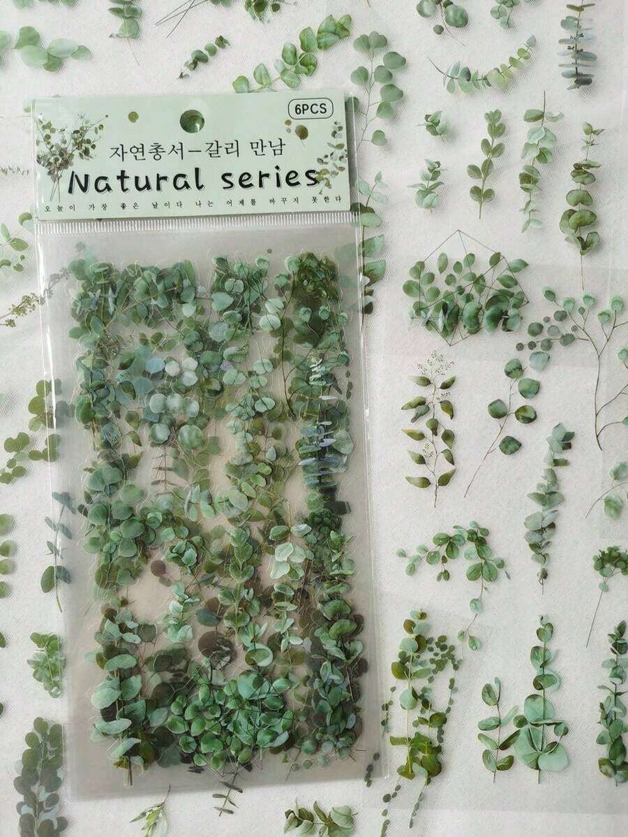 1 paquete de 6 pegatinas decorativas impermeables de PVC con plantas y flores de eucalipto vintage, de vuelta a la escuela - Multicolor - Ver 1