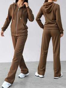 Conjunto de sudadera con capucha y cremallera para mujer -pantalones de pierna ancha, estilo casual y moderno, ideal para múltiples ocasiones. Tela suave y transpirable, diseño con detalles en negro y oro, - Marrón claro 1 - Ver 4