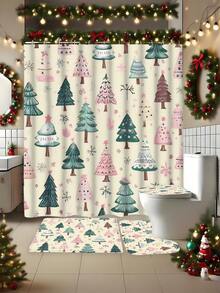 1/4 Piezas Juego de cortina de baño minimalista de árbol de Navidad y copos de nieve de invierno en color verde, de poliéster impermeable y lavable a máquina, adecuado para decorar el baño o la ducha en Navidad, incluye 12 ganchos, alfombra antideslizante y tapa de inodoro con forma de U