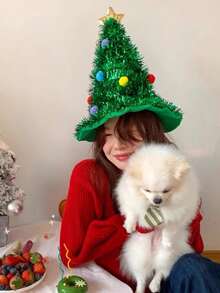 1 pieza Sombrero de árbol de Navidad, Sombrero navideño de oropel verde para sesión de fotos, Sombrero navideño mágico de chenilla verde (el color de las bolas es aleatorio) - Multicolor - Ver 5