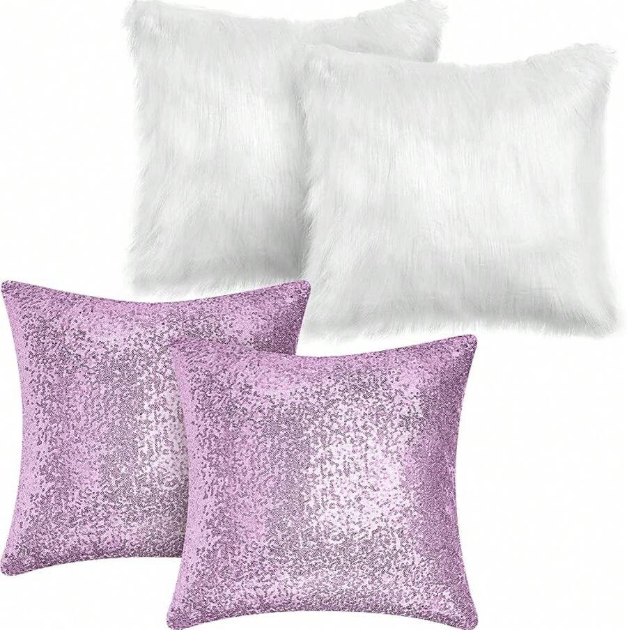 4 Pcs Sequin And Fluffy Pillow Covers Winter Throw Pillow Cases Soft Cushion Cover Couch Bed Sofa (18 X 18 Inch, Pink, White) - 白色,紫色 - 查看 1