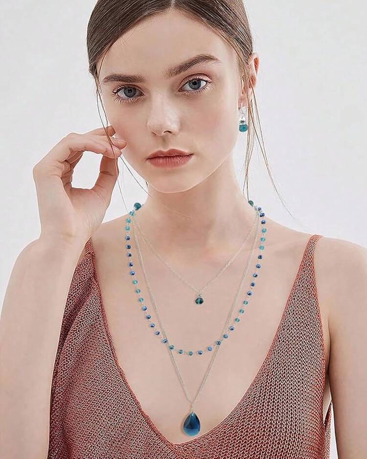Bocar 3 Layer Jewelry Set Long Chain Pendant Bead Necklace Earring Women - 缺乏藍色 - 查看 3