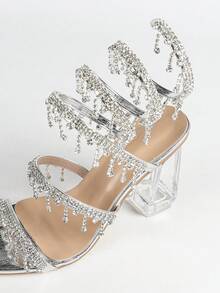 Sandalias de tacón alto grueso y cristalino para mujer, con punta cuadrada, tira envolvente de strass y serpiente, diseño de punta abierta, modelo básico para verano y otoño - Plateado - Ver 8