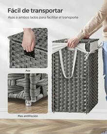 SONGMICS Cesta de Almacenamiento, Cesta de Lavandería de 90 L con Tapa, Plegable, Bolsas de Tela Extraíbles y Asas, para Mantas, Ropa, Salón, Dormitorio, Lavadería, Gris - Gris - Ver 3