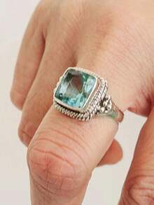 1pc Vintage Charm Blue Cubic Zirconia Ring, Women's Silver Birthstone Ring, Wedding Engagement Promise Ring, Birthday & Valentine's Day Gift - Silver - View 3