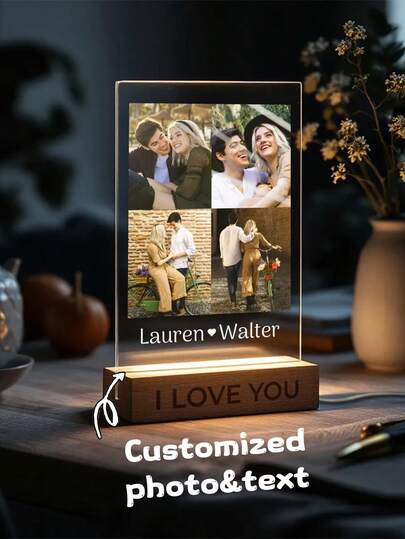 Personlig anpassad akrylfotonattlampa, LED-nattlampa för familj/parkollage, personlig akrylnattlampa med foton och text, anpassad fotolampa, bildplakett, alla hjärtans dag-present, parpresent, kollagefotoram, sovrumsdekoration