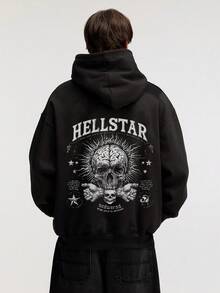 Men's Oversized HELSTAR Graphic Hoodie With Skull & Brain Print, Black Gothic Streetwear Sweatshirt, Retro Punk Style, Fall Winter Halloween Outfit, Hip Hop Casual Wear, Great Gift For Boyfriend/Husband, Men's Loose Fit Skull-Themed Hoodie - 黑色 - 查看 1