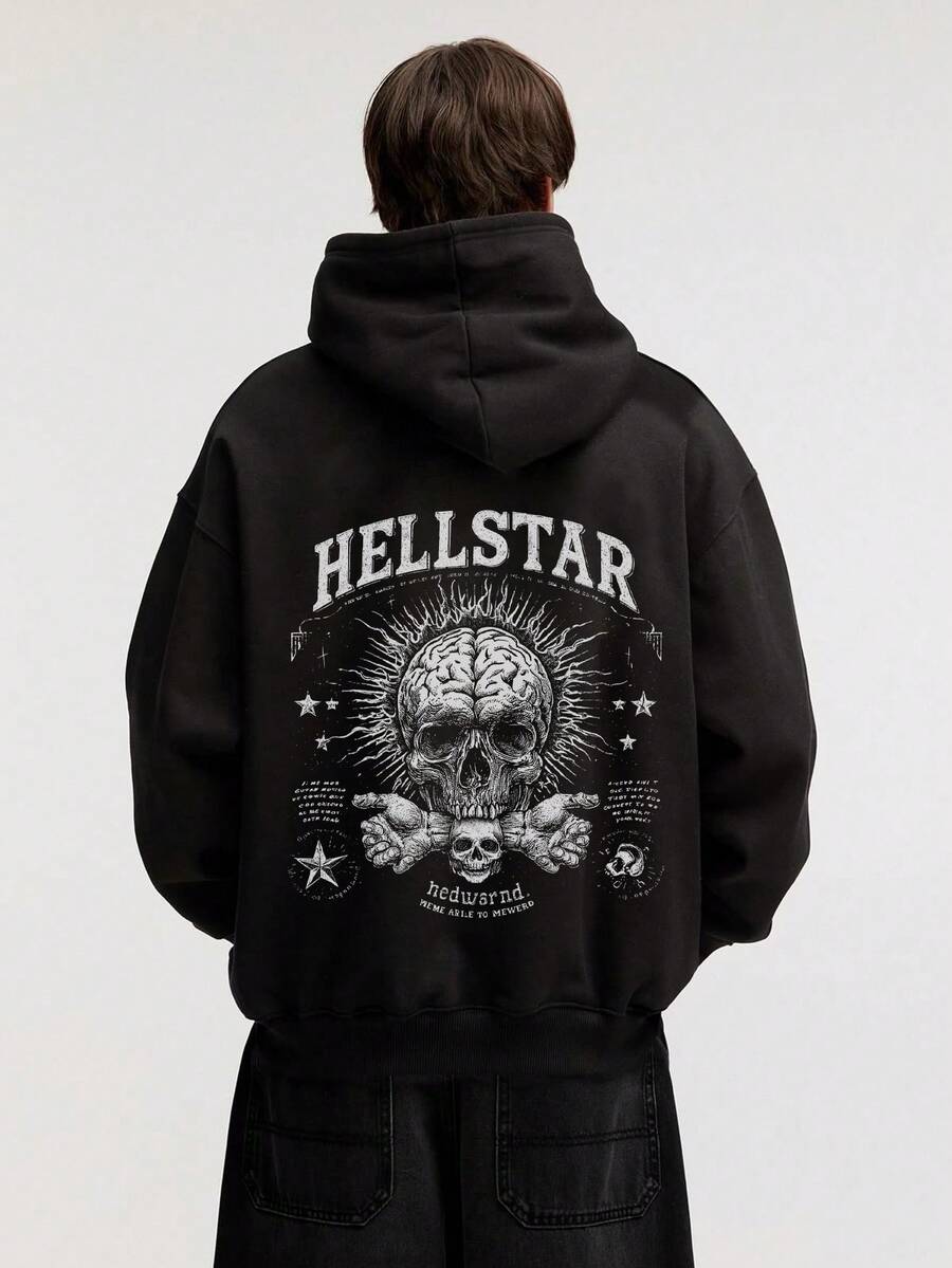 Men's Oversized HELSTAR Graphic Hoodie With Skull & Brain Print, Black Gothic Streetwear Sweatshirt, Retro Punk Style, Fall Winter Halloween Outfit, Hip Hop Casual Wear, Great Gift For Boyfriend/Husband, Men's Loose Fit Skull-Themed Hoodie - 黑色 - 查看 1