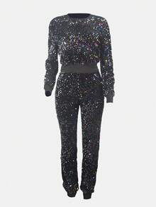 Dazzling Women's Sequin Embellished Two Pieces Outfit, Long Sleeve Round Neck Top With Matching Slim Pants, Ideal For Parties,Ladies' Christmas Luxury Set,Long Sleeved Round Neck Top, Ankle Length Pants,Christmas Women's Clothing, Halloween Costume,Winter Clothes For Women,Fall Clothes For Women - Multicolor - View 1
