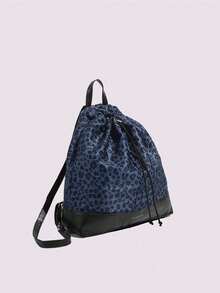 2025 Spring/Summer New Fashionable Leopard Print Casual Versatile Large Capacity Drawstring Backpack, Simple And Lightweight For Commuting - Navy Blue - View 2