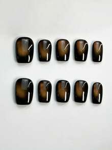 10片纯手工制作的按压式美甲片，短款方形美甲，黑色复古简约金色玻璃珠猫眼可爱温柔款式，适合女性和女孩，秋冬季节庆派对及日常生活使用。 - 黑色 - 查看 1