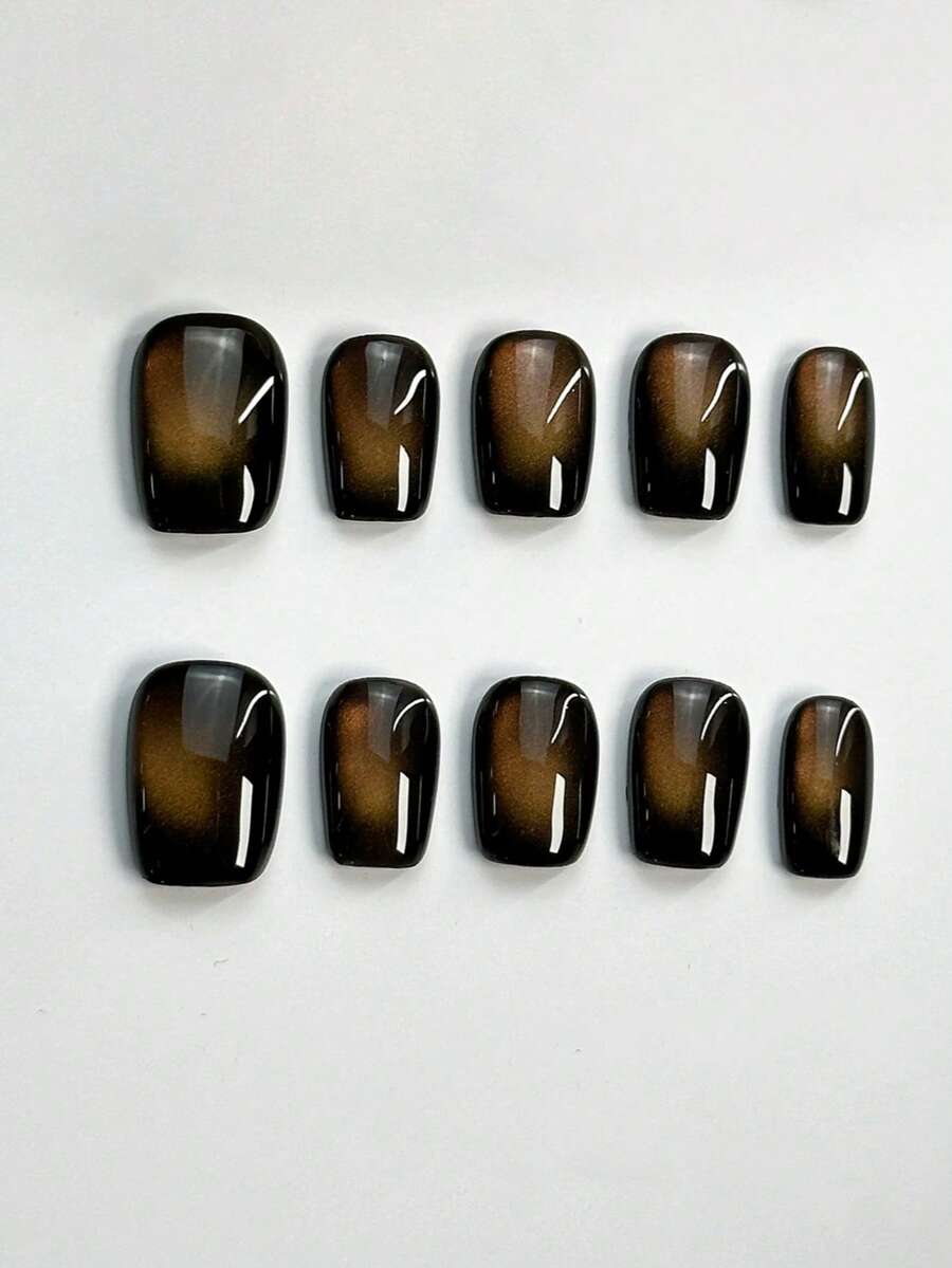 10片纯手工制作的按压式美甲片，短款方形美甲，黑色复古简约金色玻璃珠猫眼可爱温柔款式，适合女性和女孩，秋冬季节庆派对及日常生活使用。 - 黑色 - 查看 1