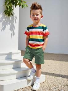 4-8岁男童彩色条纹上衣和卡其色短裤套装，轻便舒适，适合游乐场、海滩和日常穿着 - 墨綠色 - 查看 3