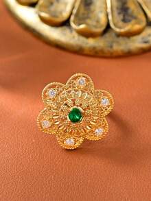1pc Luxurious And Elegant Flower Openwork Design Ring For Women, Vintage And Noble Ring With Cubic Zirconia.Featuring An 18k Gold-Plated Adjustable Band. Perfect For Wedding, Parties, Banquets, Holiday Celebrations, Gift Giving And Other Special Occasions. - Luxurious - View 5