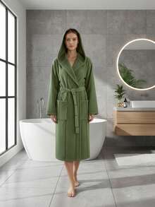 土耳其制造 男女通用连帽天鹅绒棉质浴袍 - 100% 纯棉 小号 (58x115 厘米) - 中号 (62x150 厘米) - 大号 (66x125 厘米) - XL (70x130 厘米) - 綠色 - 查看 1
