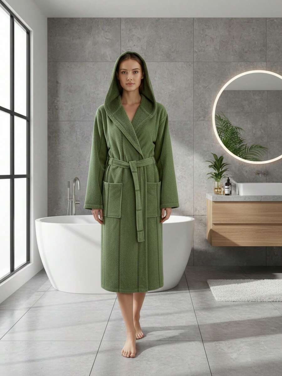 土耳其制造 男女通用连帽天鹅绒棉质浴袍 - 100% 纯棉 小号 (58x115 厘米) - 中号 (62x150 厘米) - 大号 (66x125 厘米) - XL (70x130 厘米) - 綠色 - 查看 1