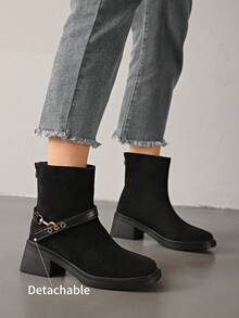 Fall/Winter Suede Mid-Heel Square Toe Solid Color Commuting Slimming Chunky Heel Back Zipper Fashion Ankle Boots - Black - View 5