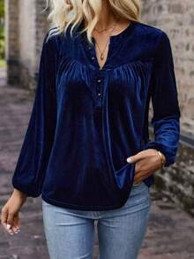 New Plus Size V-Neck Solid Color Casual Commuter Button-Up Long Sleeve Blouse For Women, Autumn/Winter - 藏青色 - 查看 6