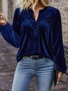 New Plus Size V-Neck Solid Color Casual Commuter Button-Up Long Sleeve Blouse For Women, Autumn/Winter - 藏青色 - 查看 13