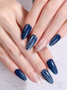 20pcs Semi-Cured Gel Nail Stickers, Create Winter Christmas Atmosphere, Crystal Nail Stickers, Exquisite Navy Blue Snowflake & Reindeer Glitter Design, Self-Adhesive Full Nail Stickers, Require UV Lamp, Easy To Apply And Remove, Suitable For Women And Girls' Christmas Party, Date And DIY Manicure Nails - Navy Blue - View 7