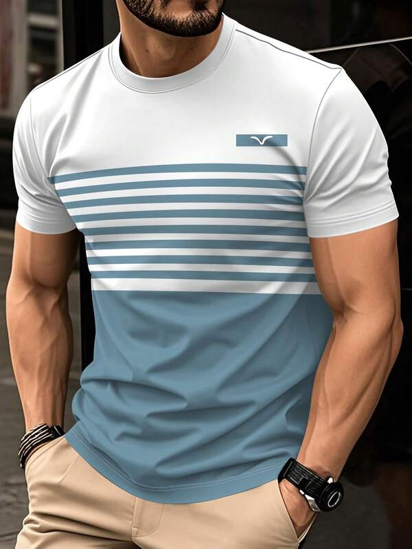 Men's Simple Striped Print Contrast Color Round Neck Short Sleeve Digital T-Shirt, Summer