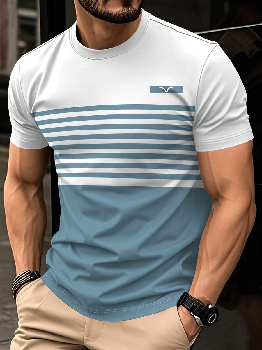 Men's Simple Striped Print Contrast Color Round Neck Short Sleeve Digital T-Shirt, Summer - Dusty Blue - View 1