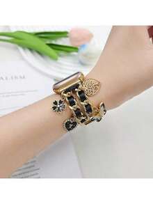 [Jewelry Bracelet Watch Band] Charming Pendant Synthetic Leather & Stainless Steel Watch Band Compatible With Apple Watch 38/40/41/42/44/45/46/49mm (Ultra 3/2/1 Series 1-10 & SE), Galaxy Watch7/6/5/4 (40/44mm), Watch 4 Classic (42/46mm), Watch 3 (41mm), Active 2, Gear S2 Classic - Folding Buckle - Gift Idea, Decorative Accessory, Suitable For Birthday, Party, Daily Wear - Multicolor - View 4