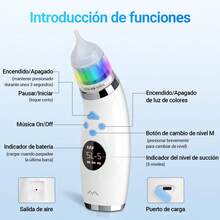 Aspirador  para Bebe, Aspirador  para Bebe Electrico con 3 Puntas de Silicona, 5 NivelesSucción Ajustables,Limpiador  Eléctrico, Saca Mocos para Bebe con Música y Luz (Blanco) - 1 - Ver 6