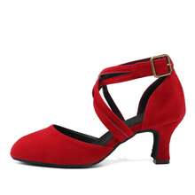 Women's Professional Latin Dance Shoes, Medium Heel Standard Dance Shoes, Double Strap, Burgundy Indoor Professional Dance Shoes, Performance Ballroom Salsa Dance Shoes - Red - View 5