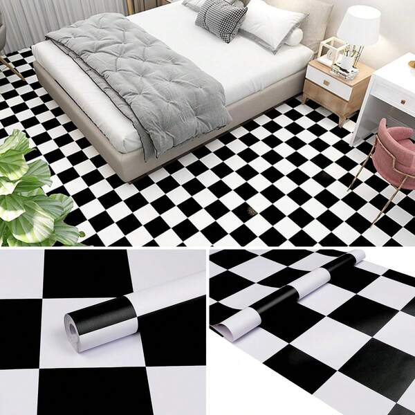 1 Roll Black And White Floor Sticker Checkerboard Pattern Self-Adhesive Simple Luxury Wallpaper Waterproof Thickened PVC Kitchen Cabinet Stove Sticker Easy To Clean Detachable Bedroom Living Room Bathroom Background Wallpaper Dormitory Furniture Renovation DIY Home Decoration Wallpaper 15.7inX118.1/196.8in