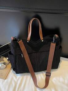 女士多口袋手提包，简约时尚单肩斜挎包，轻便可折叠购物袋，适合购物、旅行、办公 - 黑色 - 查看 9