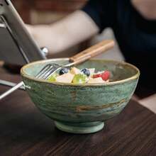 2pcs Handmade Vintage Ceramic Bowls - Thickened Green Gold Glaze Noodle Bowls, Suitable For Tossed Salads, Rice, Fruits - Durable Rustic Style Kitchen Utensils, Ideal For Family Dining And Gatherings, Fruit Bowls | Traditional Tableware | Dotted Green Glaze - Multicolor - View 7