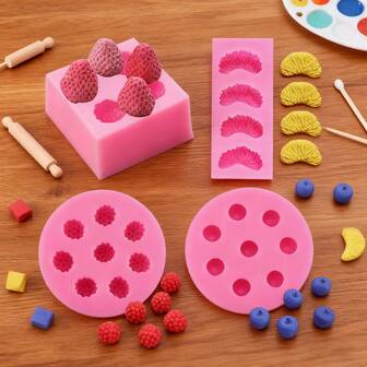 Juego de 4 moldes de silicona con diseños de frutas, aptos para gelatina, velas - Formas 3D de piña, fresa, naranja, arándano, mora - Sin contacto con alimentos