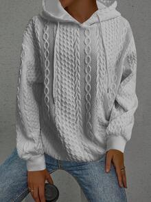 Plus Size Women Plus Size Casual Solid Color Jacquard Knit Hooded Sweatshirt Spring - Grey - View 5