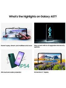三星 Galaxy A07 4G 智能手机全球版，沉浸式 6.7 英寸显示屏，90Hz 刷新率，5000 万像素后置摄像头，最高 10 倍数码变焦，纤薄时尚设计，IP54 防尘防水 *不含充电器，圣诞礼物之选，适合送给孩子和父母