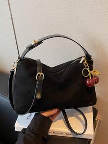 1pc Women's New Crescent Moon Handbag, Fashionable Minimalist Suede Tote Bag, Suitable For Dates, Gifts, Commuting, Shopping In Autumn/Winter - Black - View 6