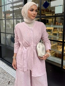 DAZY Women Elegant Asymmetrical Blouse And Wide-Leg Pants Two Pieces Sets Fall/Winter Modest Fashion - Pink - View 5